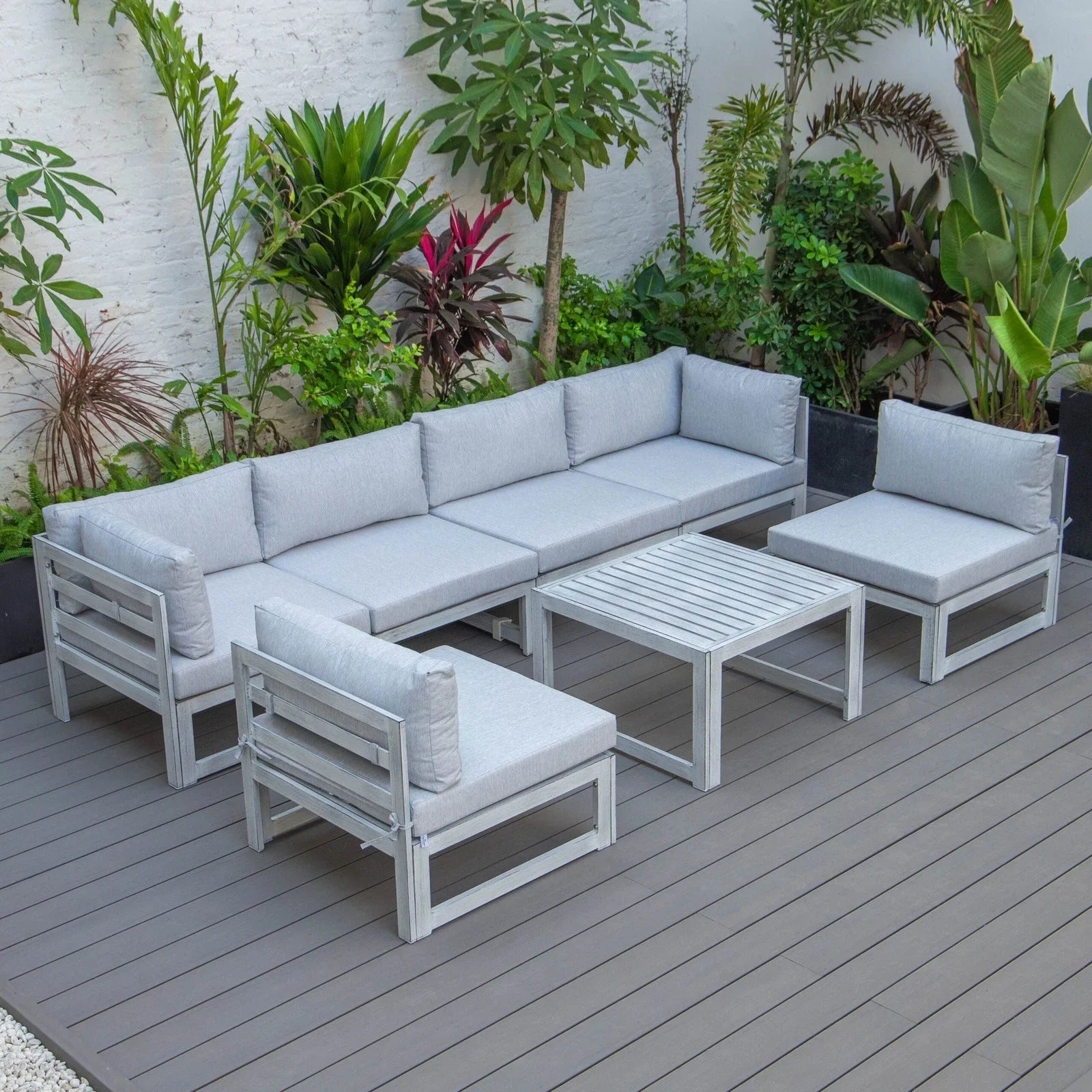Chelsea 7-Piece Patio Sectional And Coffee Table Set In Weathered Grey Aluminum With Cushions - Elax Furniture