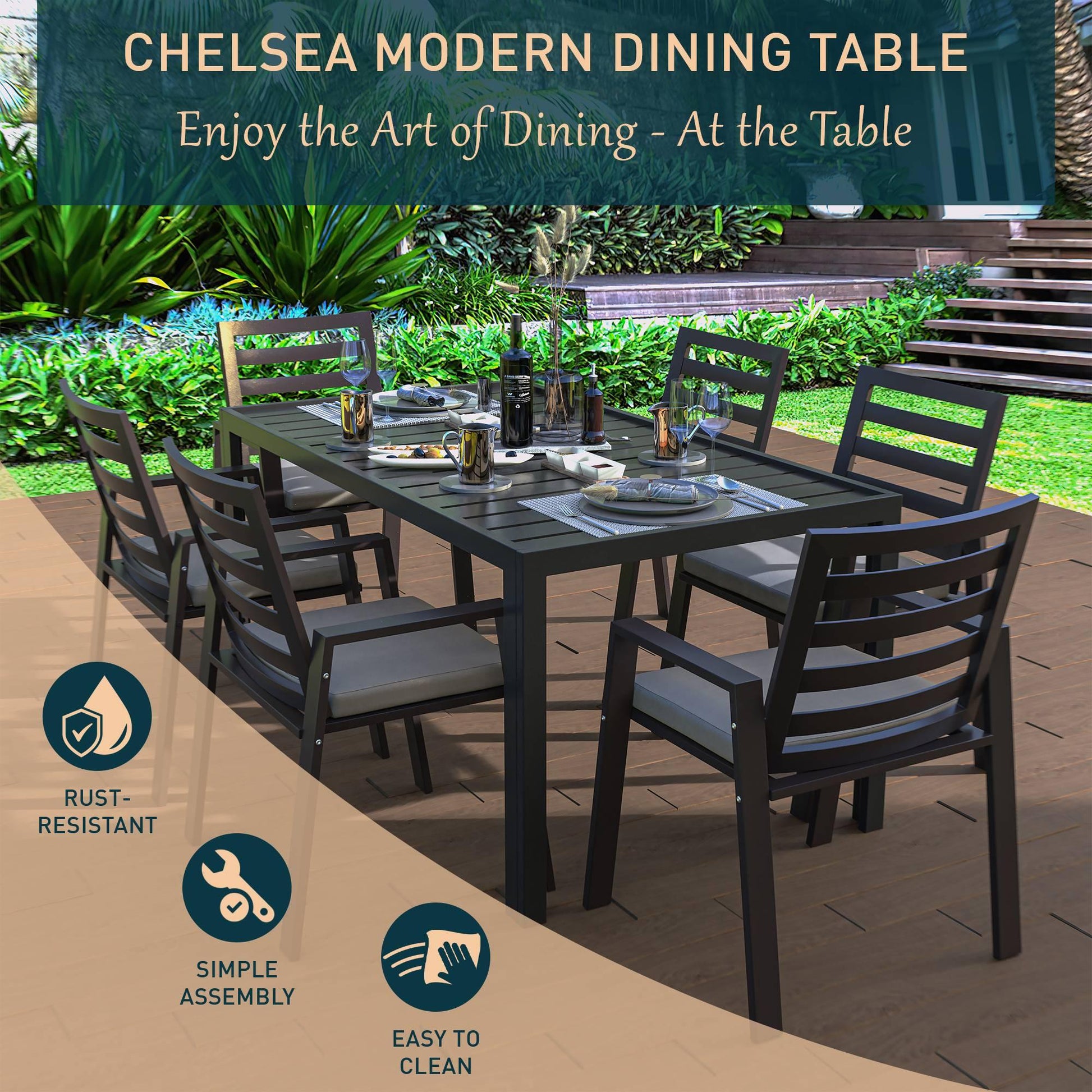 Chelsea Mid-Century Modern 63" & 87" Rectangular Outdoor Dining Table, Black Aluminum - Elax Furniture