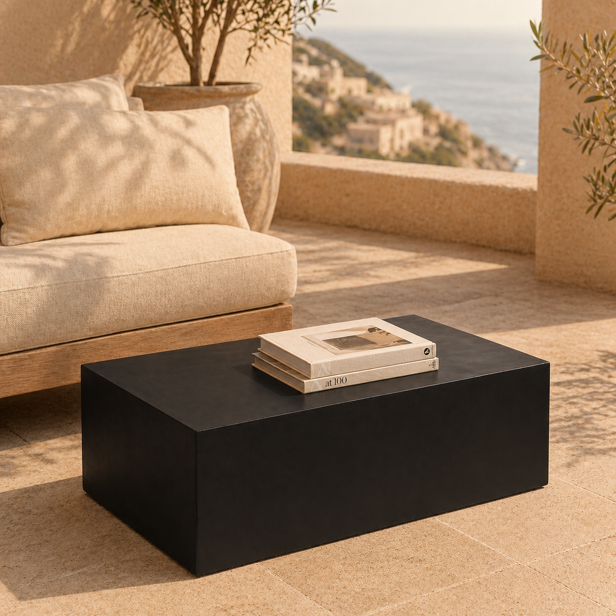Maya Collection Fiberstone Outdoor/Indoor Rectangular Coffee Table in Travertine