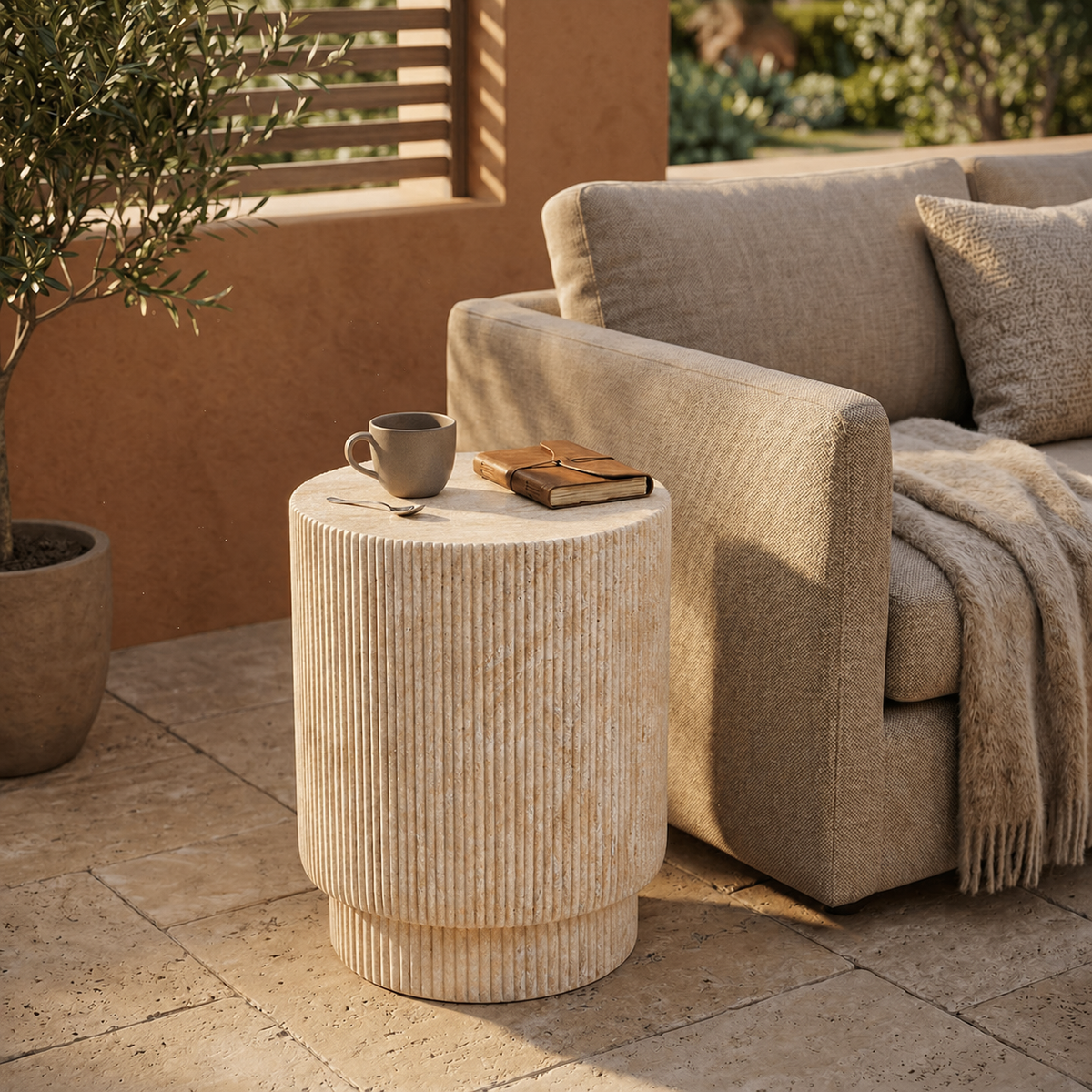 Eden Series Side Table in Fiberstone Round Accent Table for Home, Living Room, Indoor, and Outdoor