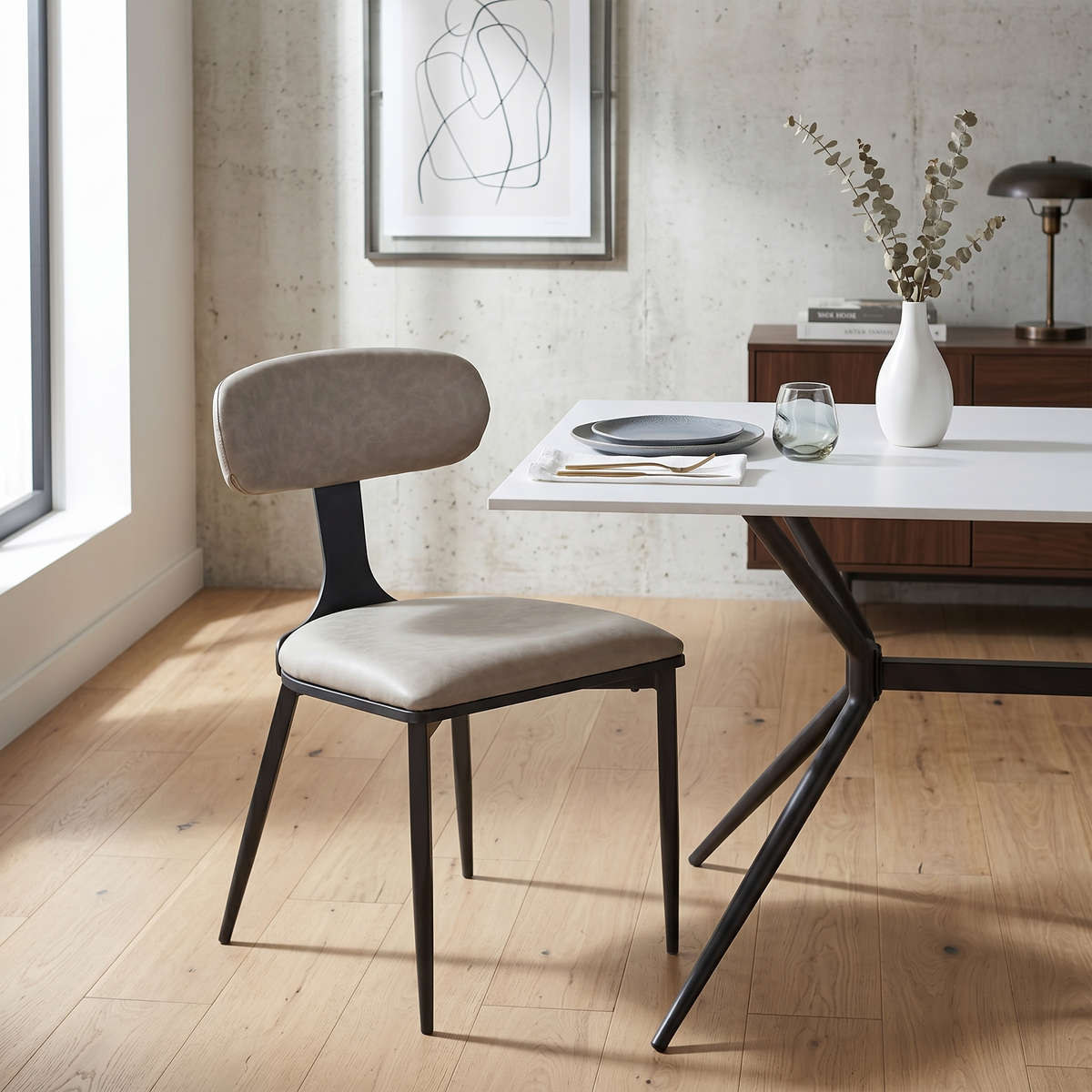 Dilenny Leather Dining Chair with Black Finish Steel Legs