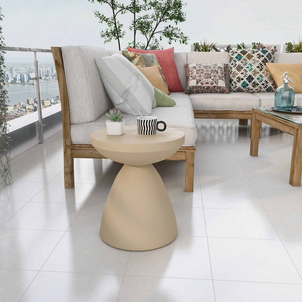 Dune Side Table Fiberstone Round Accent Table and Hourglass Pedestal Base - Elax Furniture