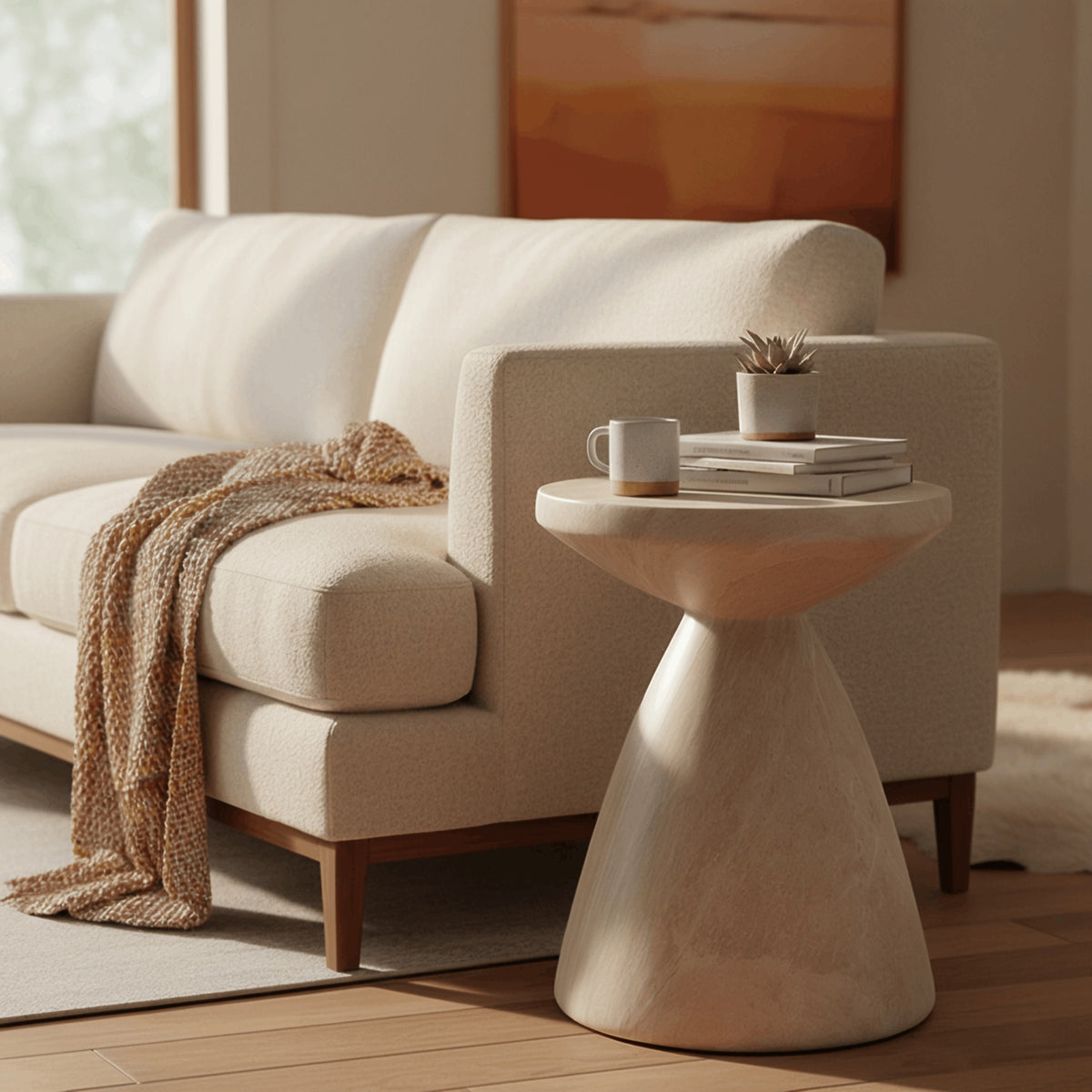 Dune Side Table Fiberstone Round Accent Table and Hourglass Pedestal Base