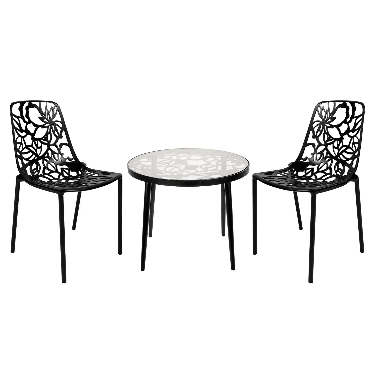 Devon 3-Piece Patio Dining Set: Aluminum Table with Glass Top & 2 Stackable Flower Chairs - Elax Furniture