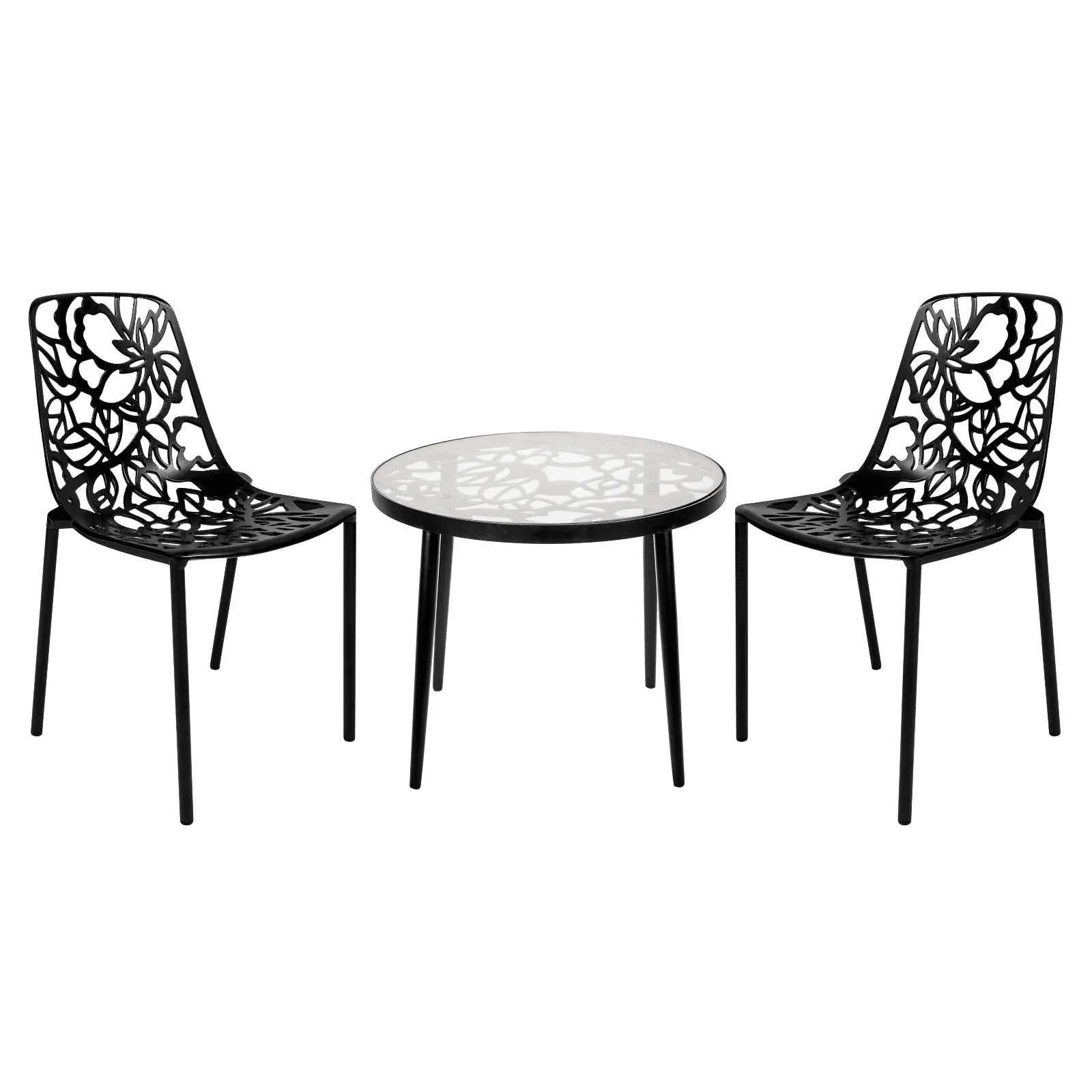 Devon 3-Piece Patio Dining Set: Aluminum Table with Glass Top & 2 Stackable Flower Chairs - Elax Furniture