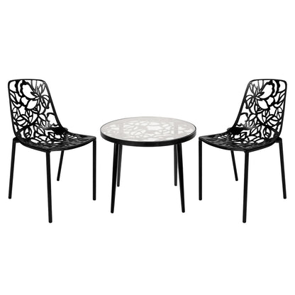 Devon 3-Piece Patio Dining Set: Aluminum Table with Glass Top & 2 Stackable Flower Chairs - Elax Furniture