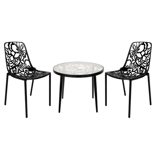 Devon 3-Piece Patio Dining Set: Aluminum Table with Glass Top & 2 Stackable Flower Chairs - Elax Furniture