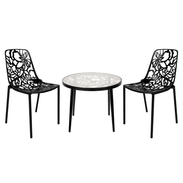 Devon 3-Piece Patio Dining Set: Aluminum Table with Glass Top & 2 Stackable Flower Chairs - Elax Furniture