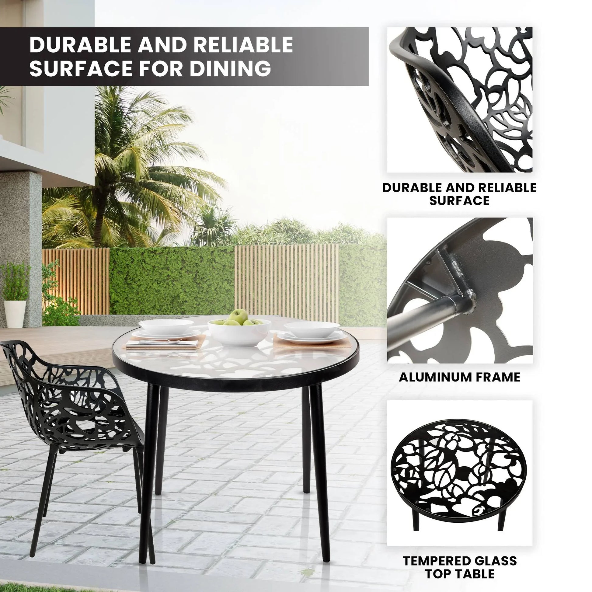 Devon 3-Piece Patio Dining Set: Aluminum Table with Glass Top & 2 Flower Arm Chairs - Elax Furniture