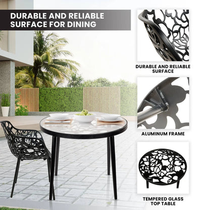Devon 3-Piece Patio Dining Set: Aluminum Table with Glass Top & 2 Flower Arm Chairs - Elax Furniture