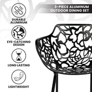Devon 3-Piece Patio Dining Set: Aluminum Table with Glass Top & 2 Flower Arm Chairs - Elax Furniture