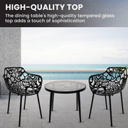 Devon 3-Piece Patio Dining Set: Aluminum Table with Glass Top & 2 Flower Arm Chairs - Elax Furniture