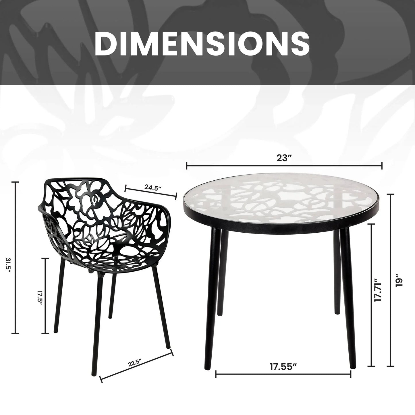 Devon 3-Piece Patio Dining Set: Aluminum Table with Glass Top & 2 Flower Arm Chairs - Elax Furniture