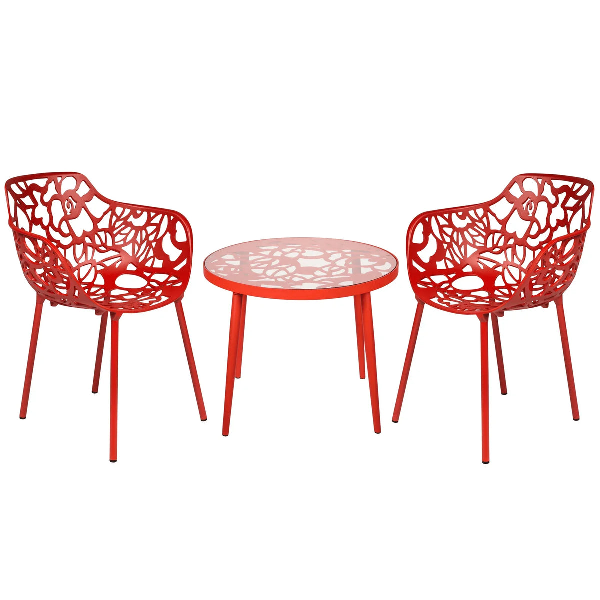 Devon 3-Piece Patio Dining Set: Aluminum Table with Glass Top & 2 Flower Arm Chairs - Elax Furniture