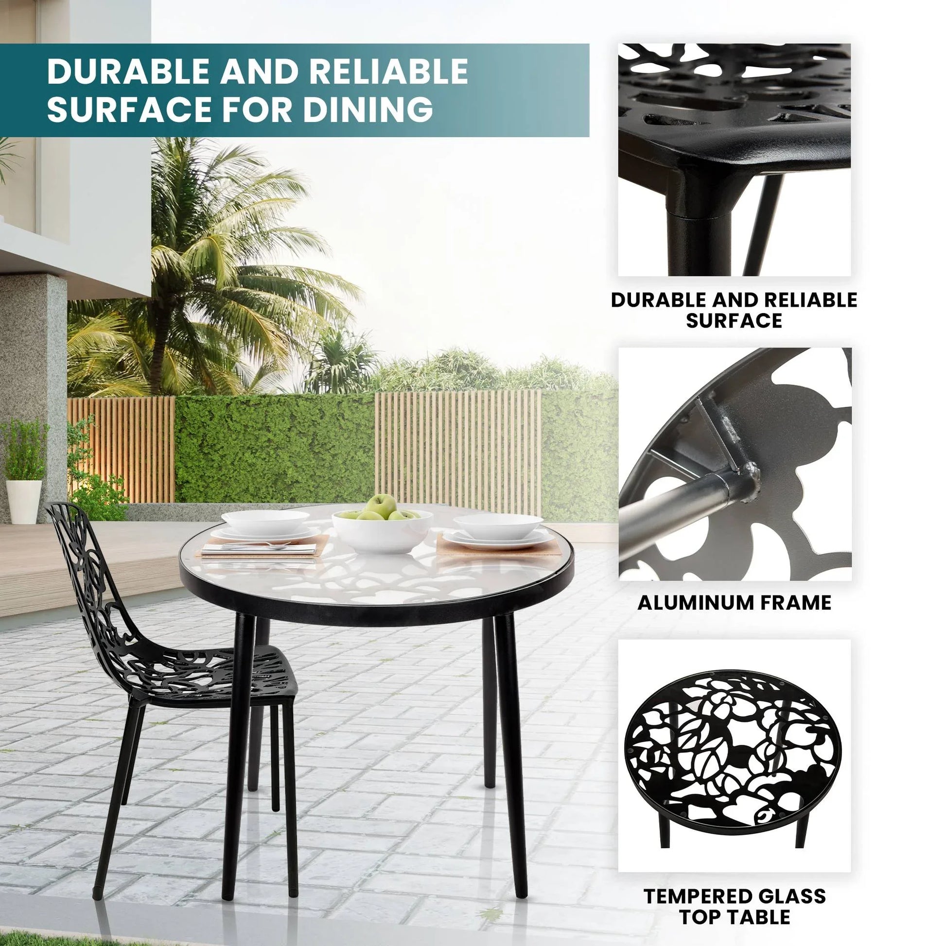 Devon 3-Piece Patio Dining Set: Aluminum Table with Glass Top & 2 Stackable Flower Chairs - Elax Furniture