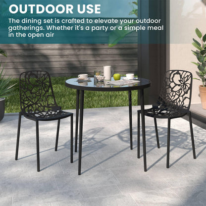 Devon 3-Piece Patio Dining Set: Aluminum Table with Glass Top & 2 Stackable Flower Chairs - Elax Furniture