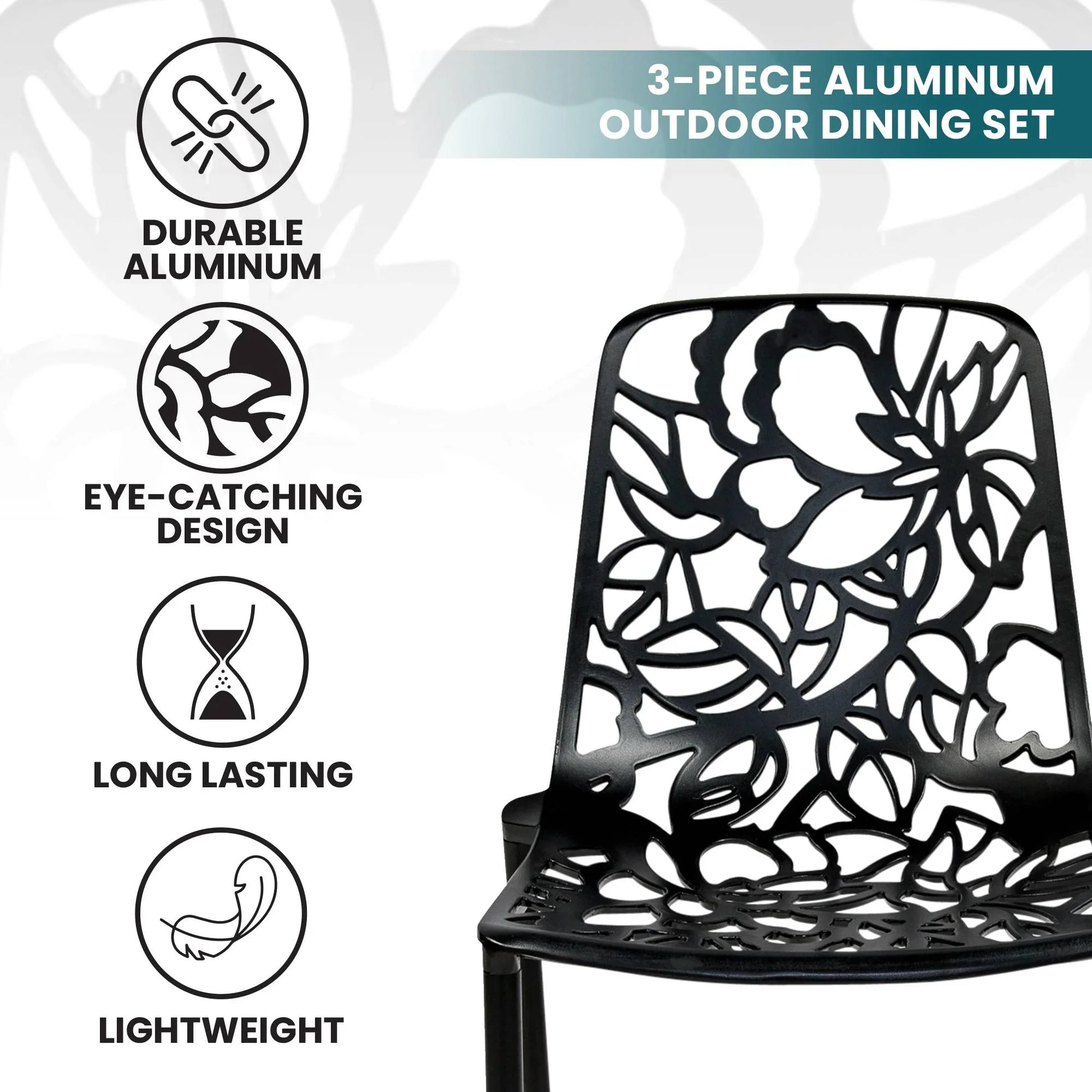 Devon 3-Piece Patio Dining Set: Aluminum Table with Glass Top & 2 Stackable Flower Chairs - Elax Furniture