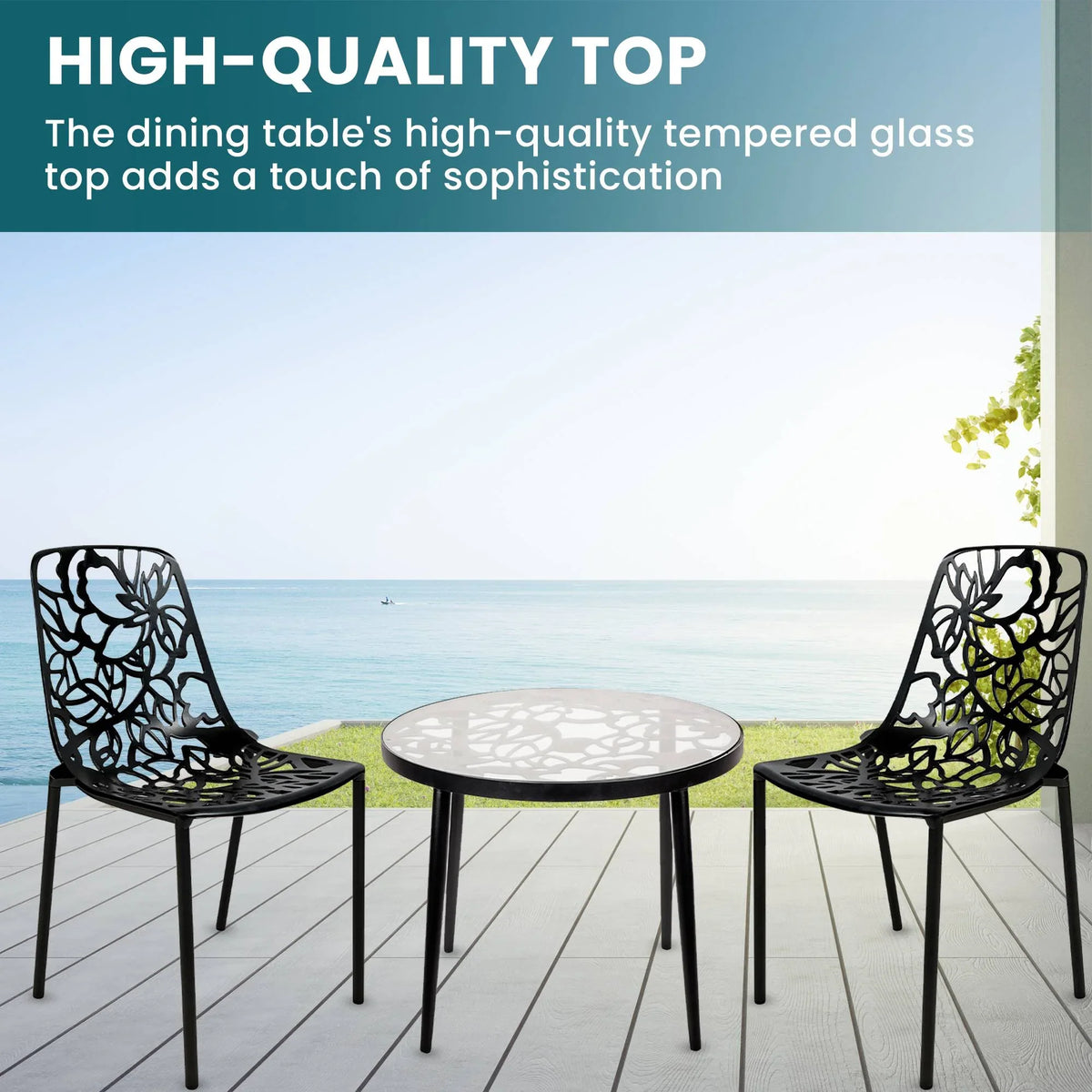 Devon 3-Piece Patio Dining Set: Aluminum Table with Glass Top & 2 Stackable Flower Chairs - Elax Furniture
