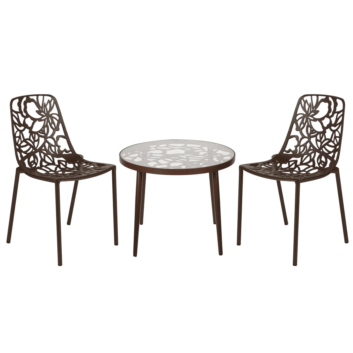 Devon 3-Piece Patio Dining Set: Aluminum Table with Glass Top & 2 Stackable Flower Chairs - Elax Furniture