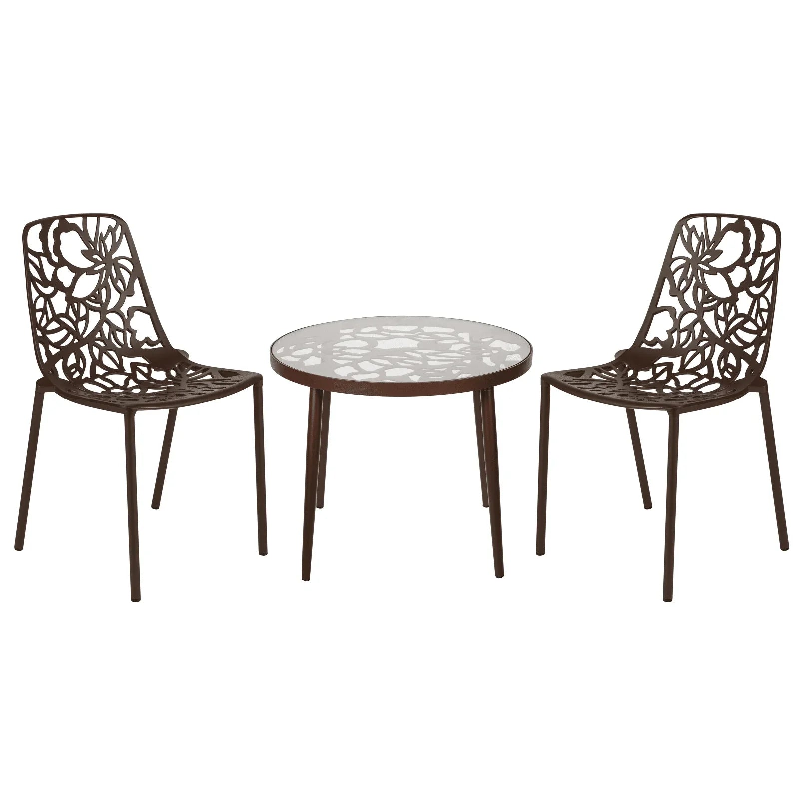 Devon 3-Piece Patio Dining Set: Aluminum Table with Glass Top & 2 Stackable Flower Chairs - Elax Furniture