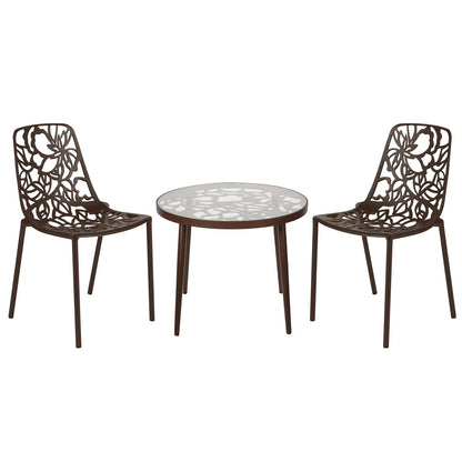Devon 3-Piece Patio Dining Set: Aluminum Table with Glass Top & 2 Stackable Flower Chairs - Elax Furniture