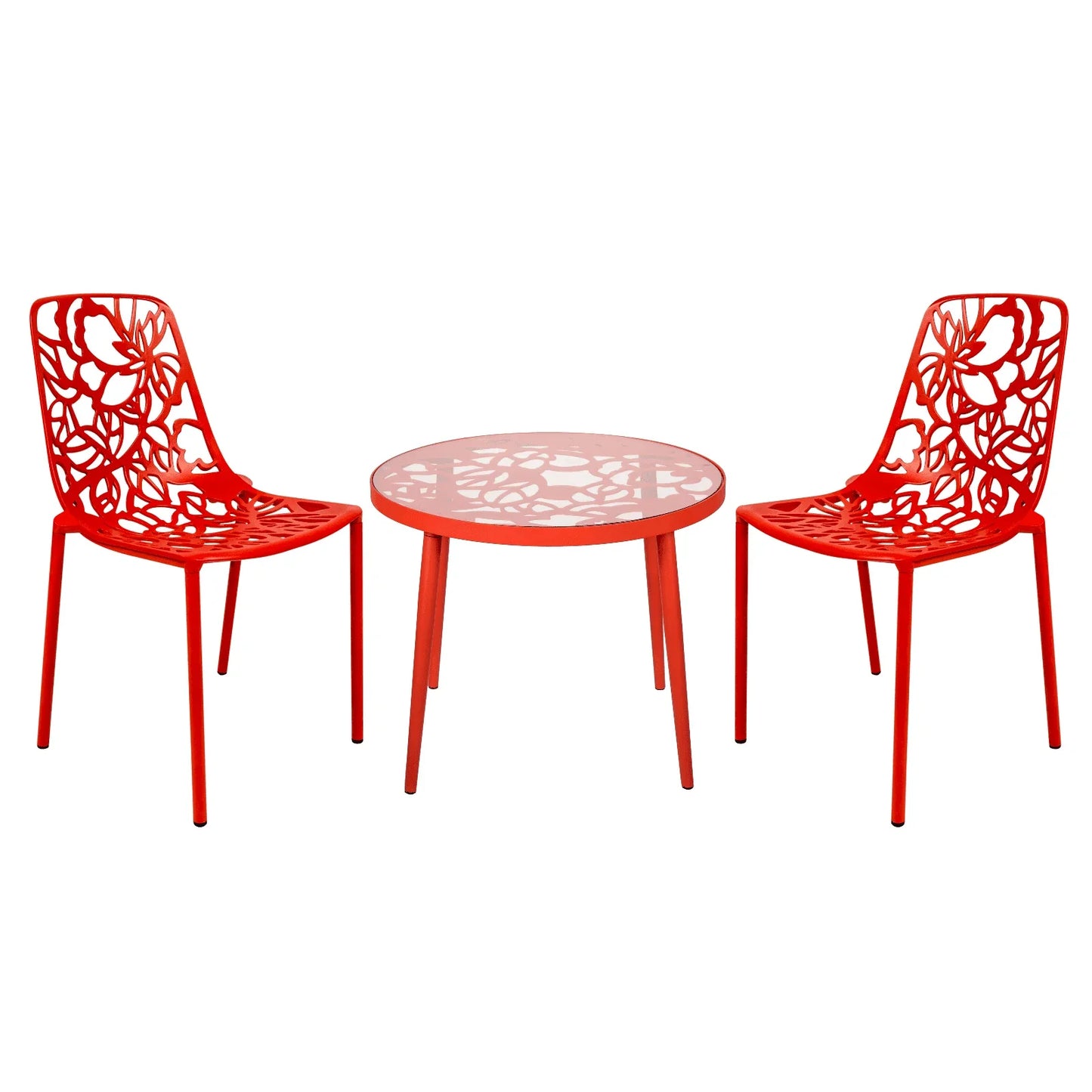 Devon 3-Piece Patio Dining Set: Aluminum Table with Glass Top & 2 Stackable Flower Chairs - Elax Furniture