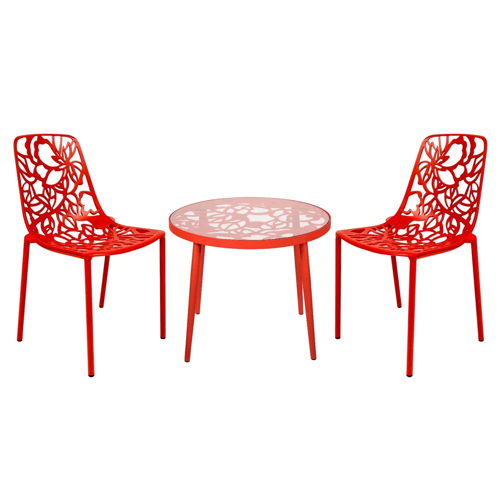 Devon 3-Piece Patio Dining Set: Aluminum Table with Glass Top & 2 Stackable Flower Chairs - Elax Furniture