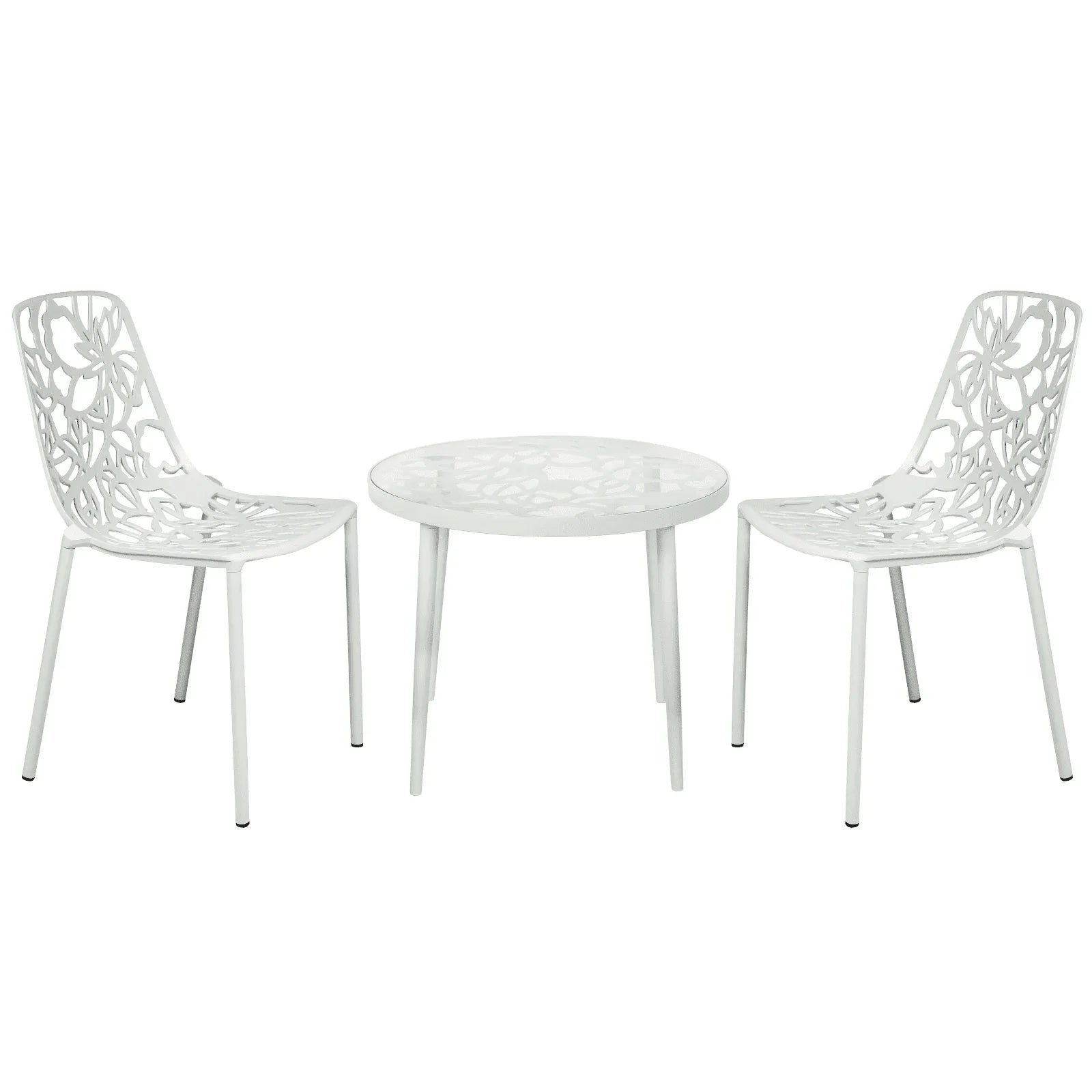 Devon 3-Piece Patio Dining Set: Aluminum Table with Glass Top & 2 Stackable Flower Chairs - Elax Furniture