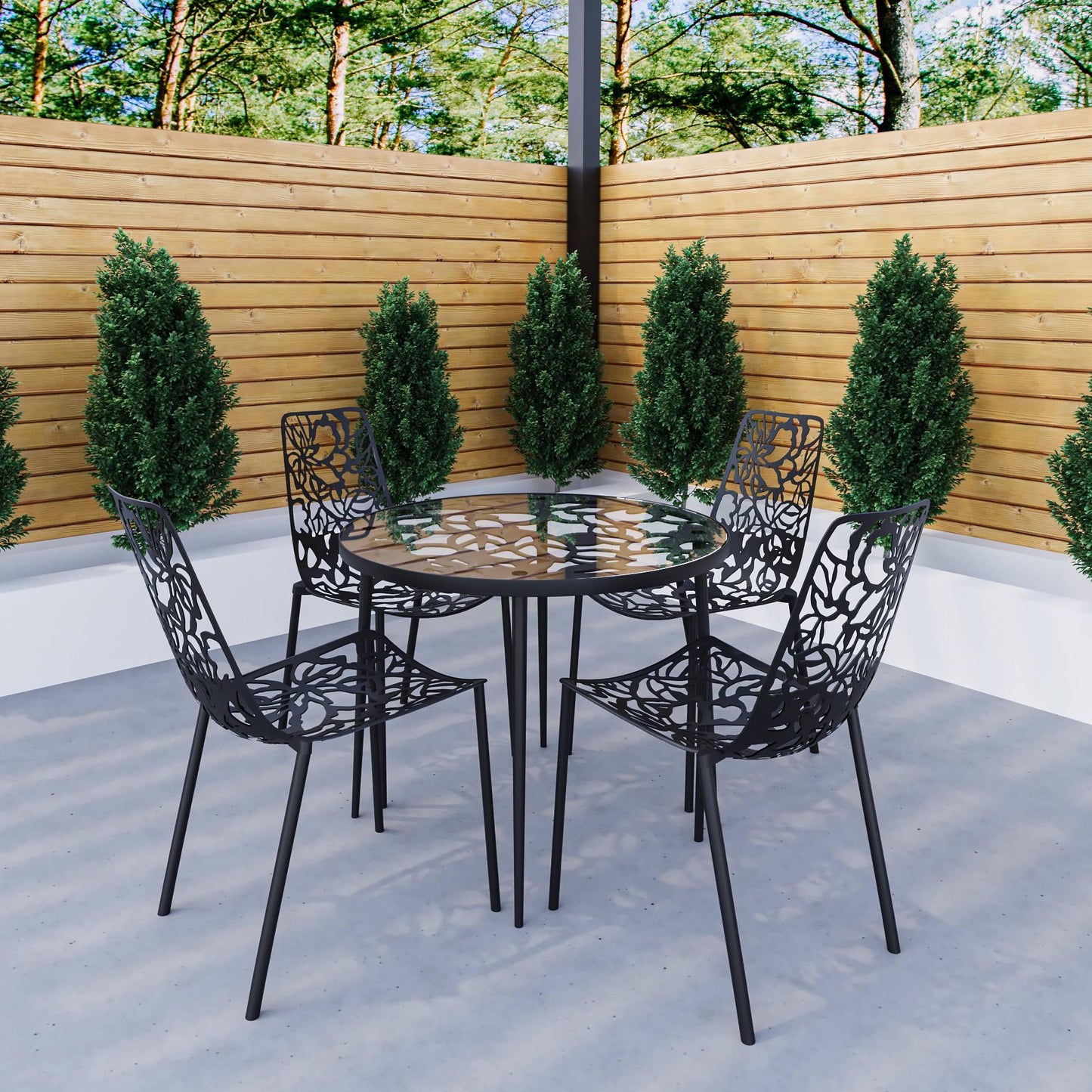 Devon 5-Piece Patio Dining Set: Aluminum Table with Glass Top & 4 Stackable Flower Chairs - Elax Furniture