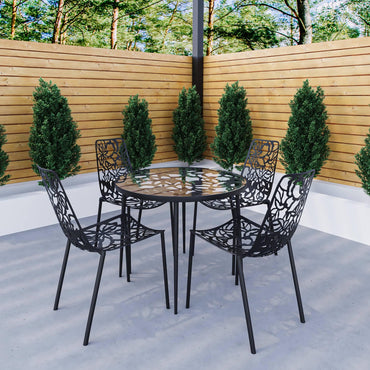 Devon 5-Piece Patio Dining Set: Aluminum Table with Glass Top & 4 Stackable Flower Chairs - Elax Furniture