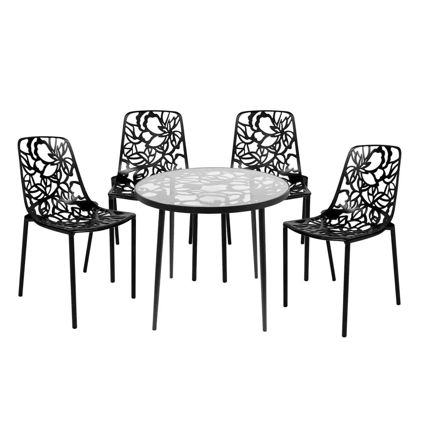 Devon 5-Piece Patio Dining Set: Aluminum Table with Glass Top & 4 Stackable Flower Chairs - Elax Furniture