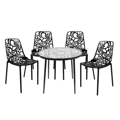 Devon 5-Piece Patio Dining Set: Aluminum Table with Glass Top & 4 Stackable Flower Chairs - Elax Furniture