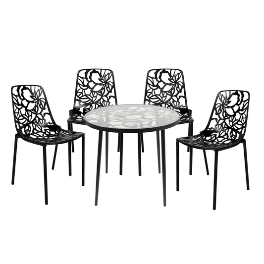 Devon 5-Piece Patio Dining Set: Aluminum Table with Glass Top & 4 Stackable Flower Chairs - Elax Furniture