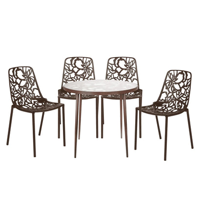 Devon 5-Piece Patio Dining Set: Aluminum Table with Glass Top & 4 Stackable Flower Chairs - Elax Furniture