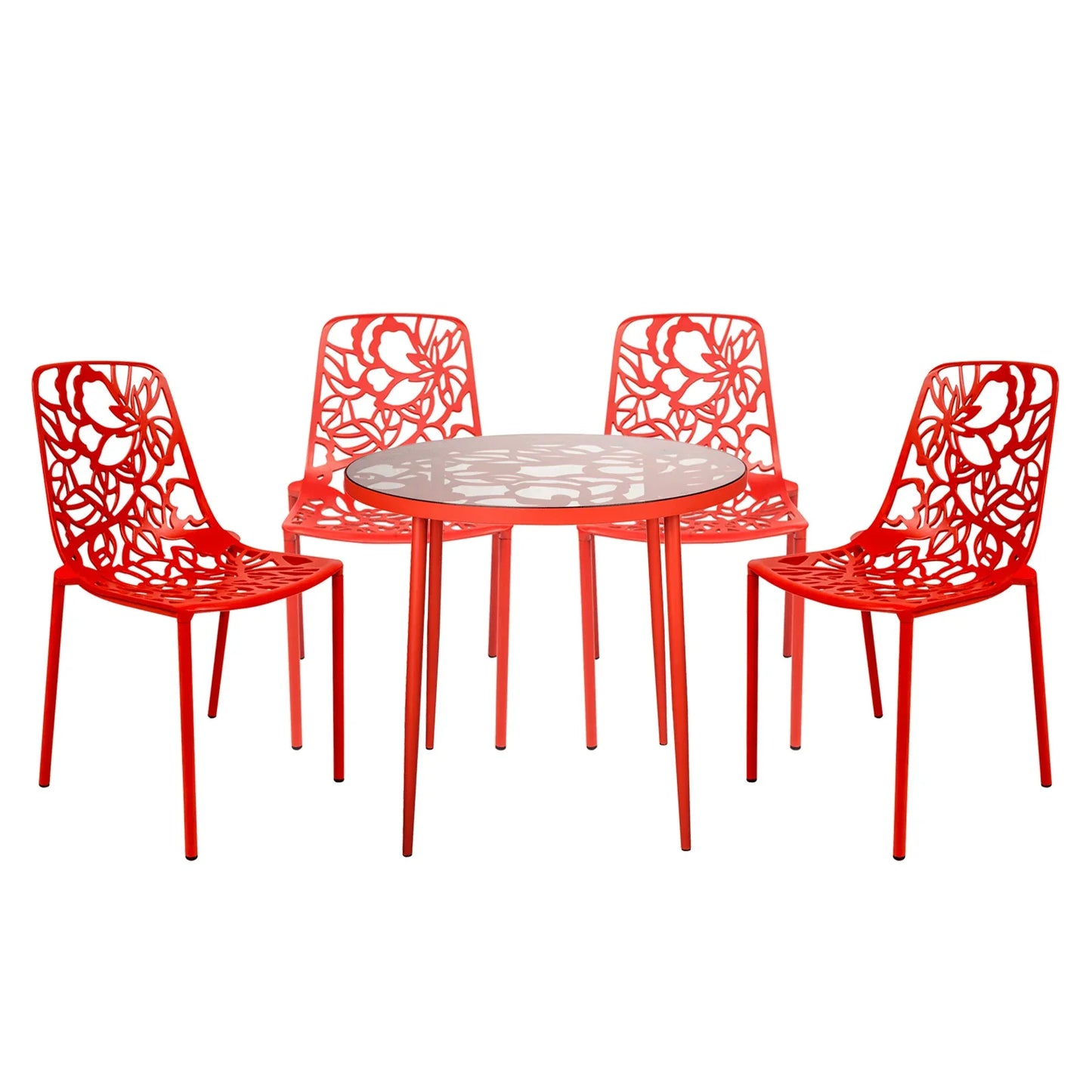 Devon 5-Piece Patio Dining Set: Aluminum Table with Glass Top & 4 Stackable Flower Chairs - Elax Furniture