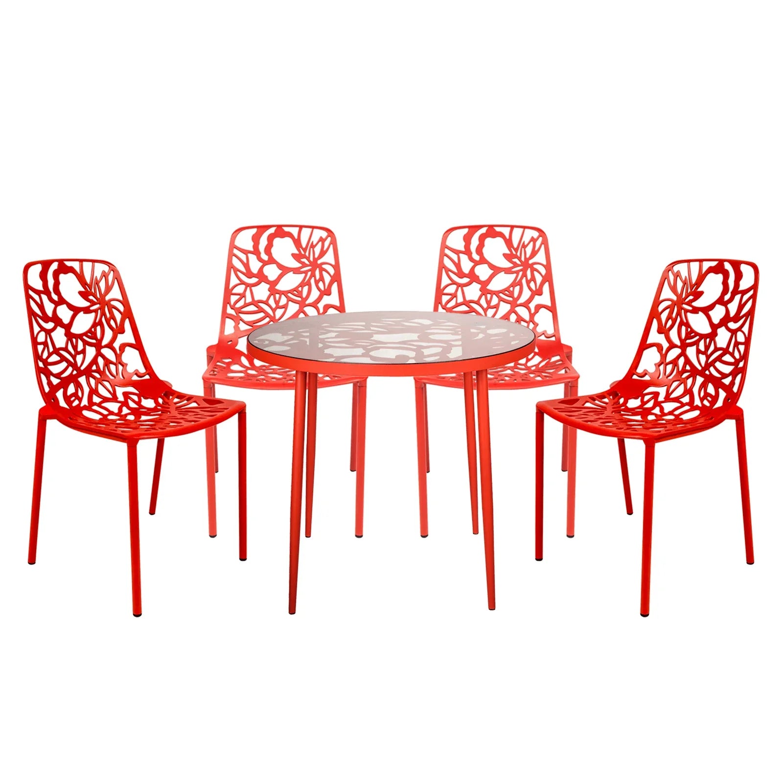 Devon 5-Piece Patio Dining Set: Aluminum Table with Glass Top & 4 Stackable Flower Chairs - Elax Furniture