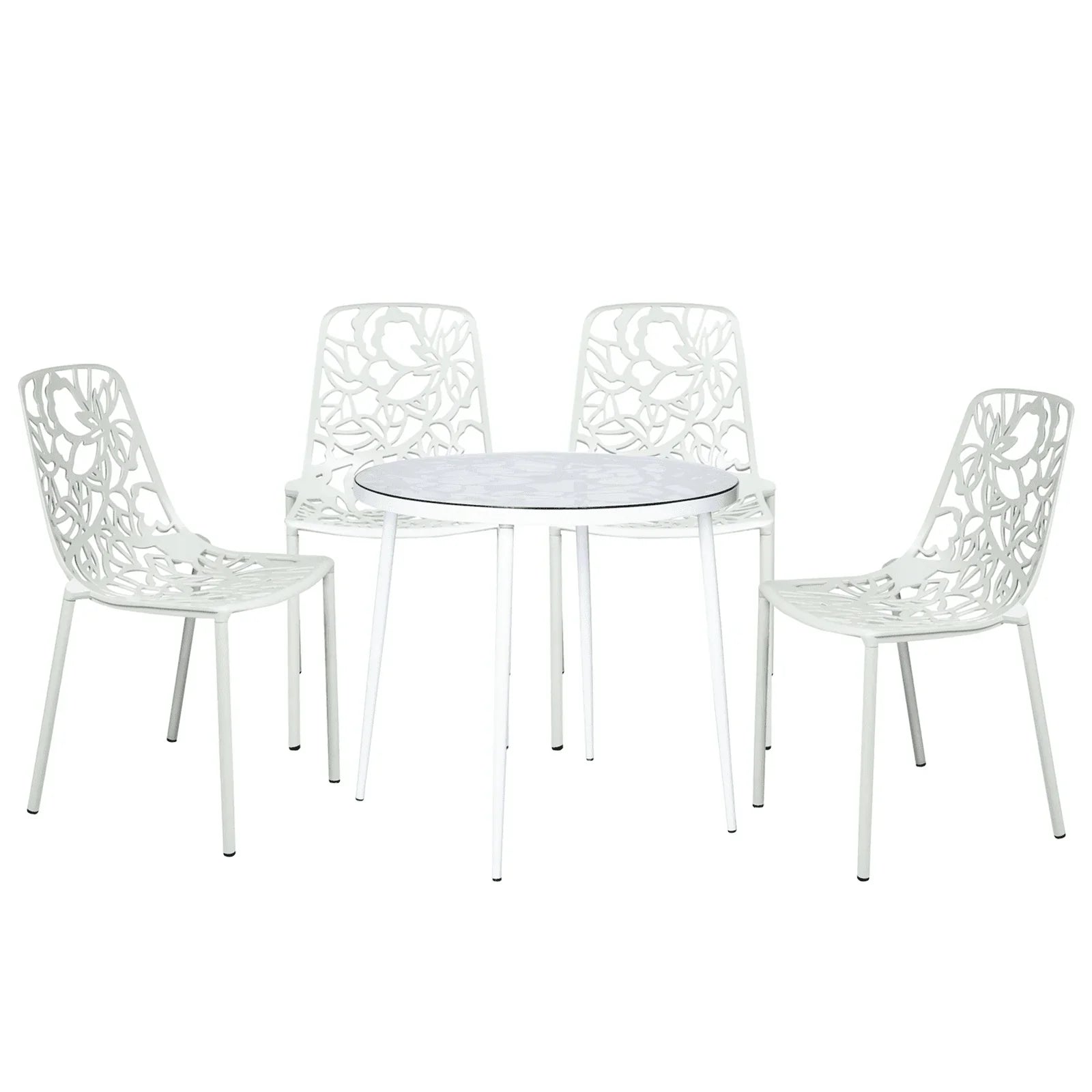 Devon 5-Piece Patio Dining Set: Aluminum Table with Glass Top & 4 Stackable Flower Chairs - Elax Furniture