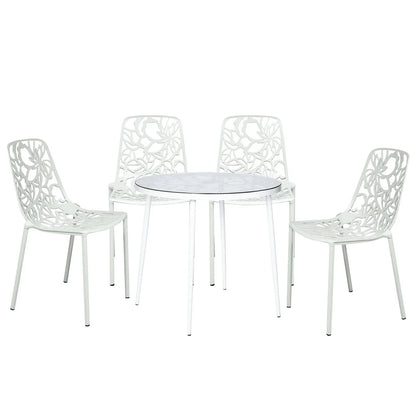 Devon 5-Piece Patio Dining Set: Aluminum Table with Glass Top & 4 Stackable Flower Chairs - Elax Furniture