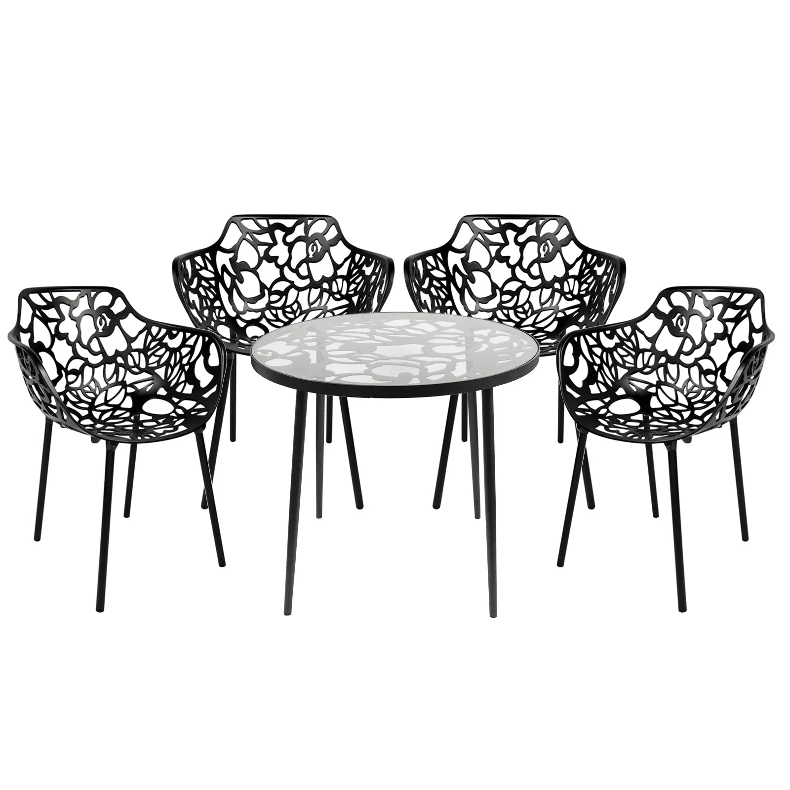 Devon 5-Piece Outdoor Dining Set: Aluminum Table with Glass Top & 4 Flower Armchairs - Elax Furniture