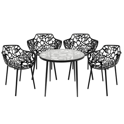 Devon 5-Piece Outdoor Dining Set: Aluminum Table with Glass Top & 4 Flower Armchairs - Elax Furniture