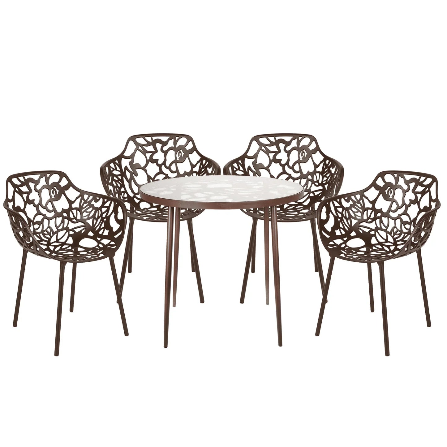 Devon 5-Piece Outdoor Dining Set: Aluminum Table with Glass Top & 4 Flower Armchairs - Elax Furniture