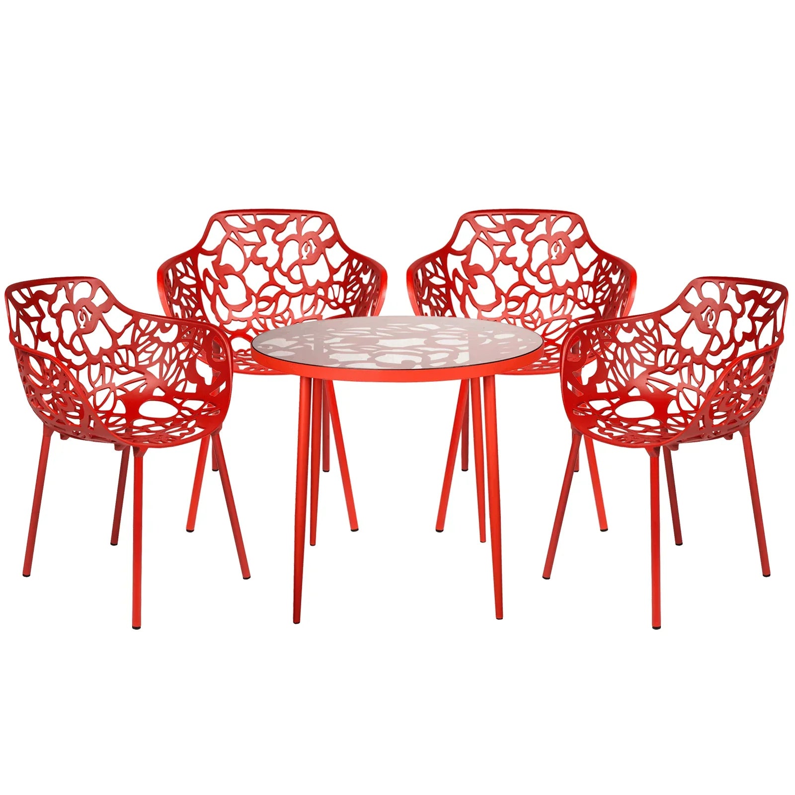 Devon 5-Piece Outdoor Dining Set: Aluminum Table with Glass Top & 4 Flower Armchairs - Elax Furniture