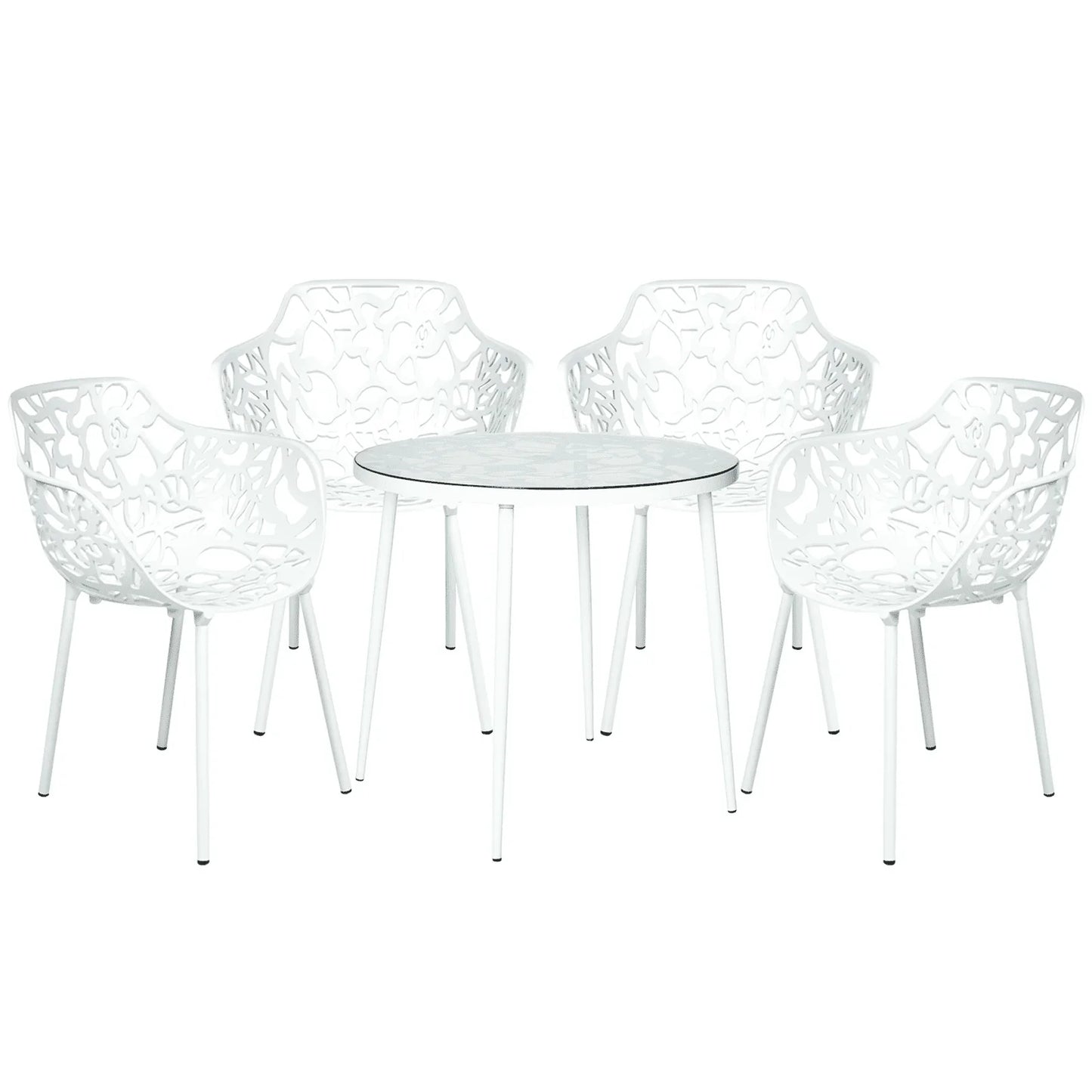 Devon 5-Piece Outdoor Dining Set: Aluminum Table with Glass Top & 4 Flower Armchairs - Elax Furniture