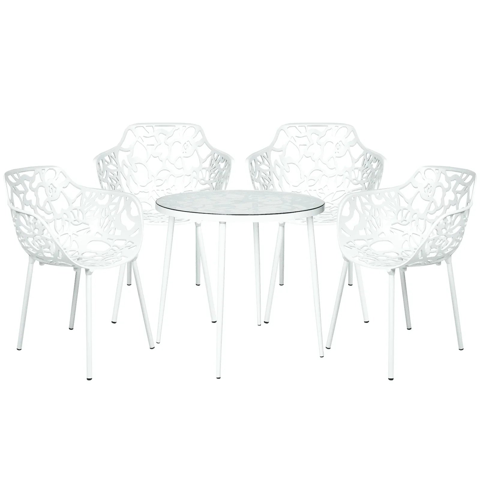 Devon 5-Piece Outdoor Dining Set: Aluminum Table with Glass Top & 4 Flower Armchairs - Elax Furniture
