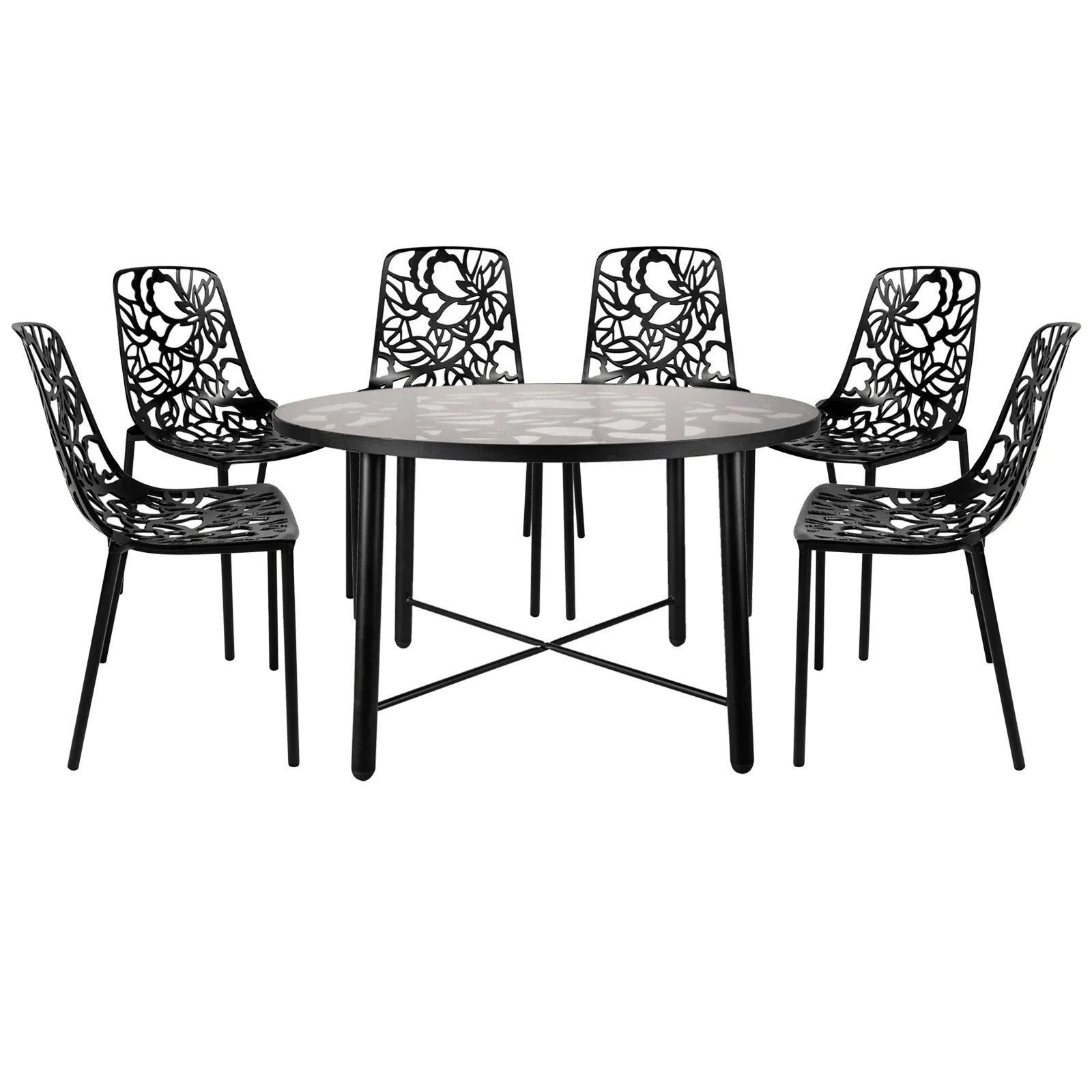 Devon 7-Piece Outdoor Dining Set: Aluminum Table with Glass Top & 6 Stackable Flower Chairs - Elax Furniture
