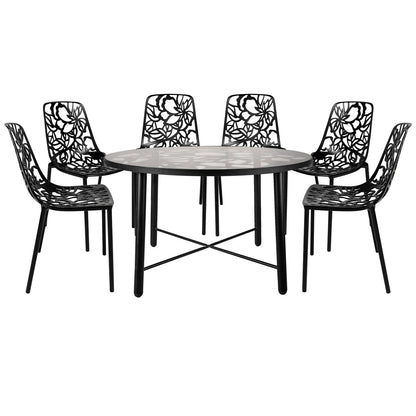 Devon 7-Piece Outdoor Dining Set: Aluminum Table with Glass Top & 6 Stackable Flower Chairs - Elax Furniture