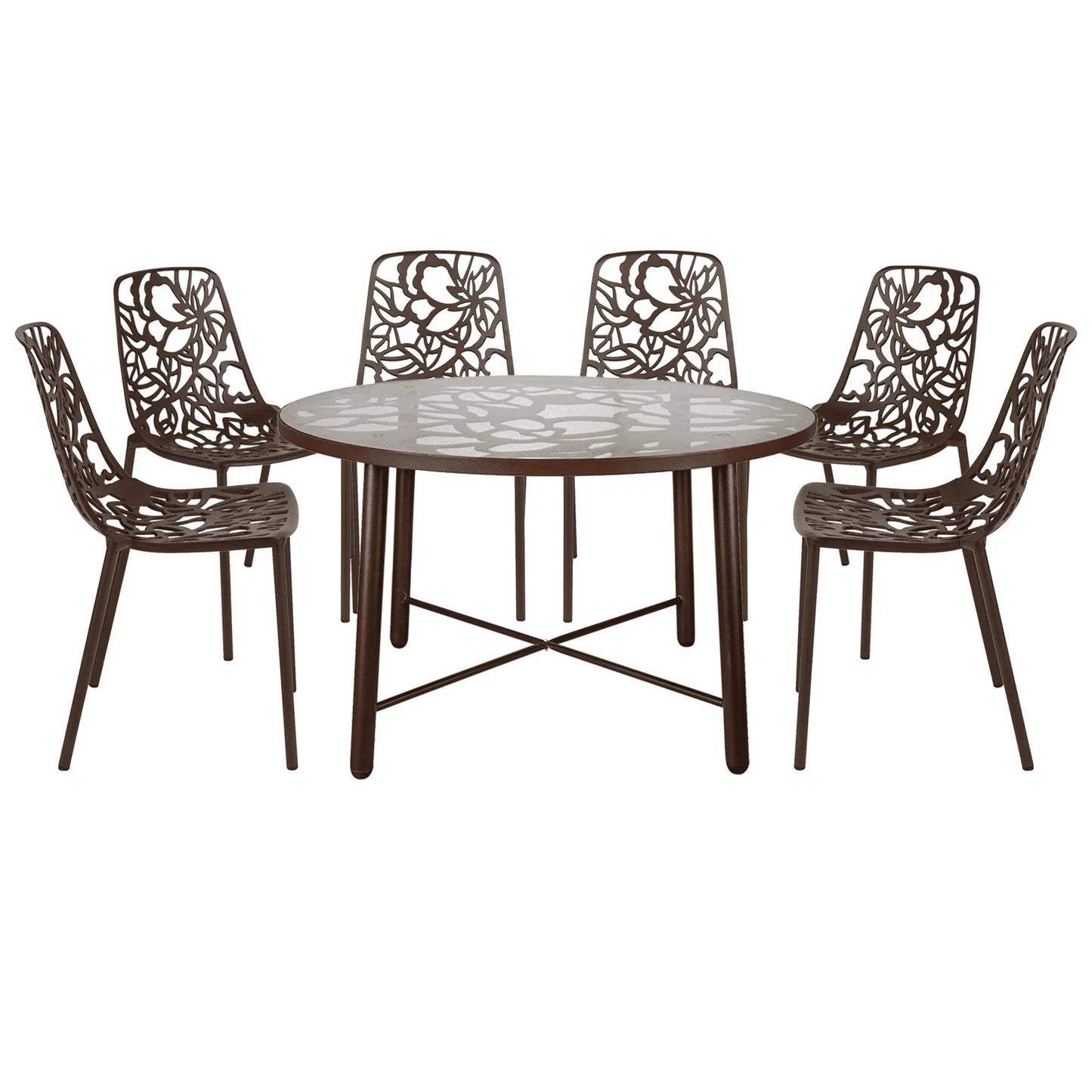 Devon 7-Piece Outdoor Dining Set: Aluminum Table with Glass Top & 6 Stackable Flower Chairs - Elax Furniture