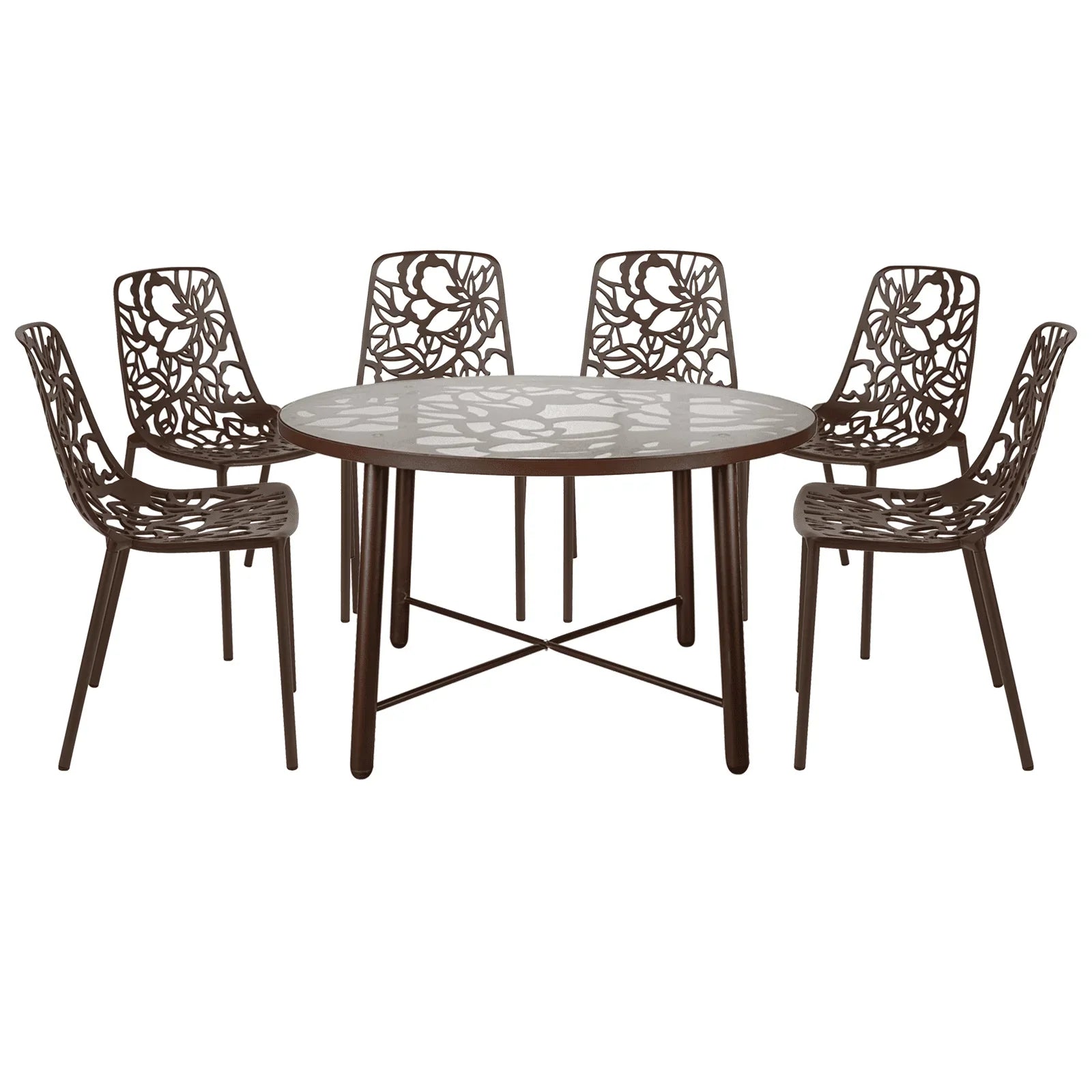 Devon 7-Piece Outdoor Dining Set: Aluminum Table with Glass Top & 6 Stackable Flower Chairs - Elax Furniture