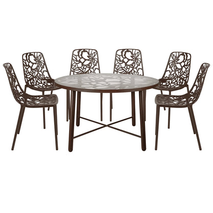 Devon 7-Piece Outdoor Dining Set: Aluminum Table with Glass Top & 6 Stackable Flower Chairs - Elax Furniture