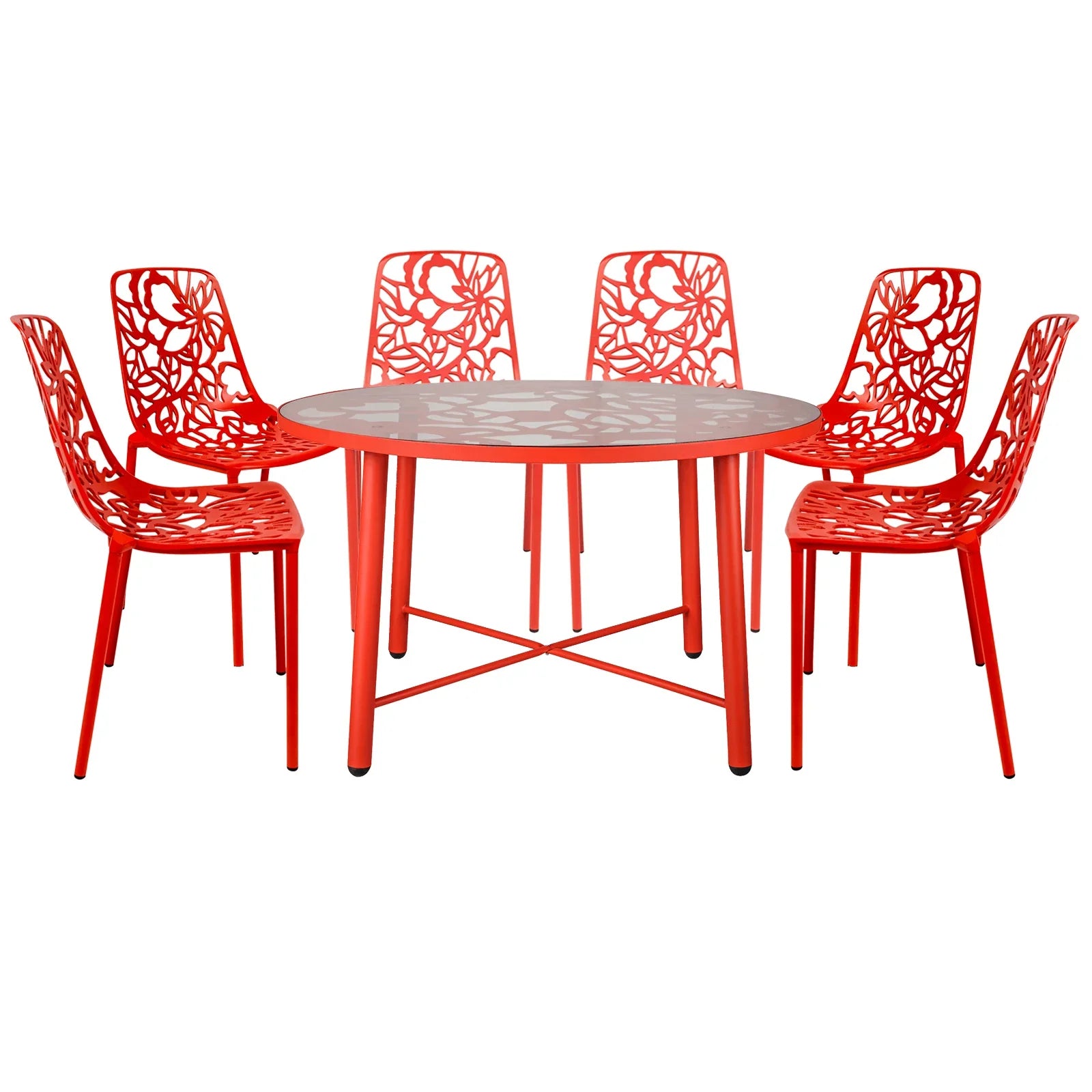 Devon 7-Piece Outdoor Dining Set: Aluminum Table with Glass Top & 6 Stackable Flower Chairs - Elax Furniture
